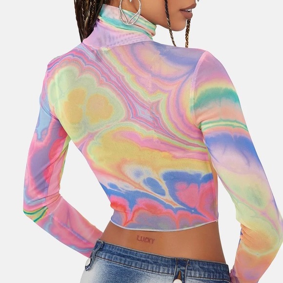 Dolls Kill Abstract Multi Marble Micaela Long Sleeve Mesh Top - Rainbow - Picture 3 of 4